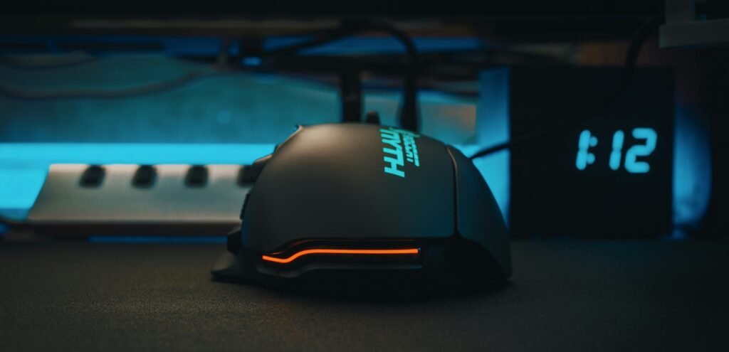 Close-up of a futuristic gaming mouse
