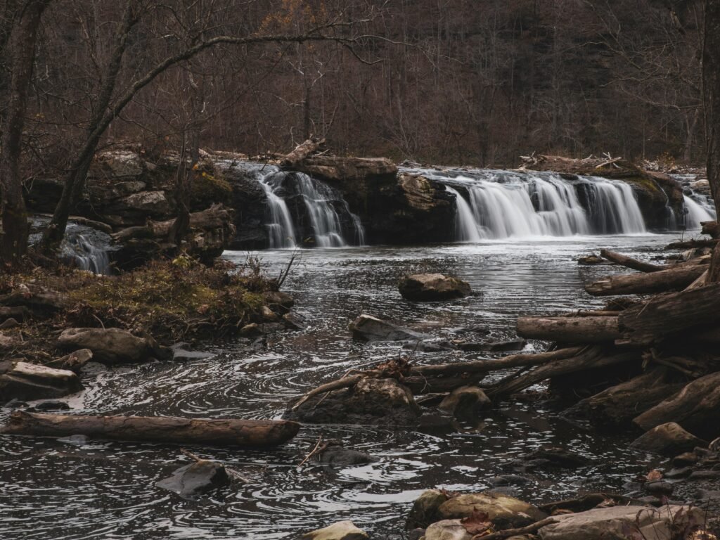Tranquil waterfall cascading over